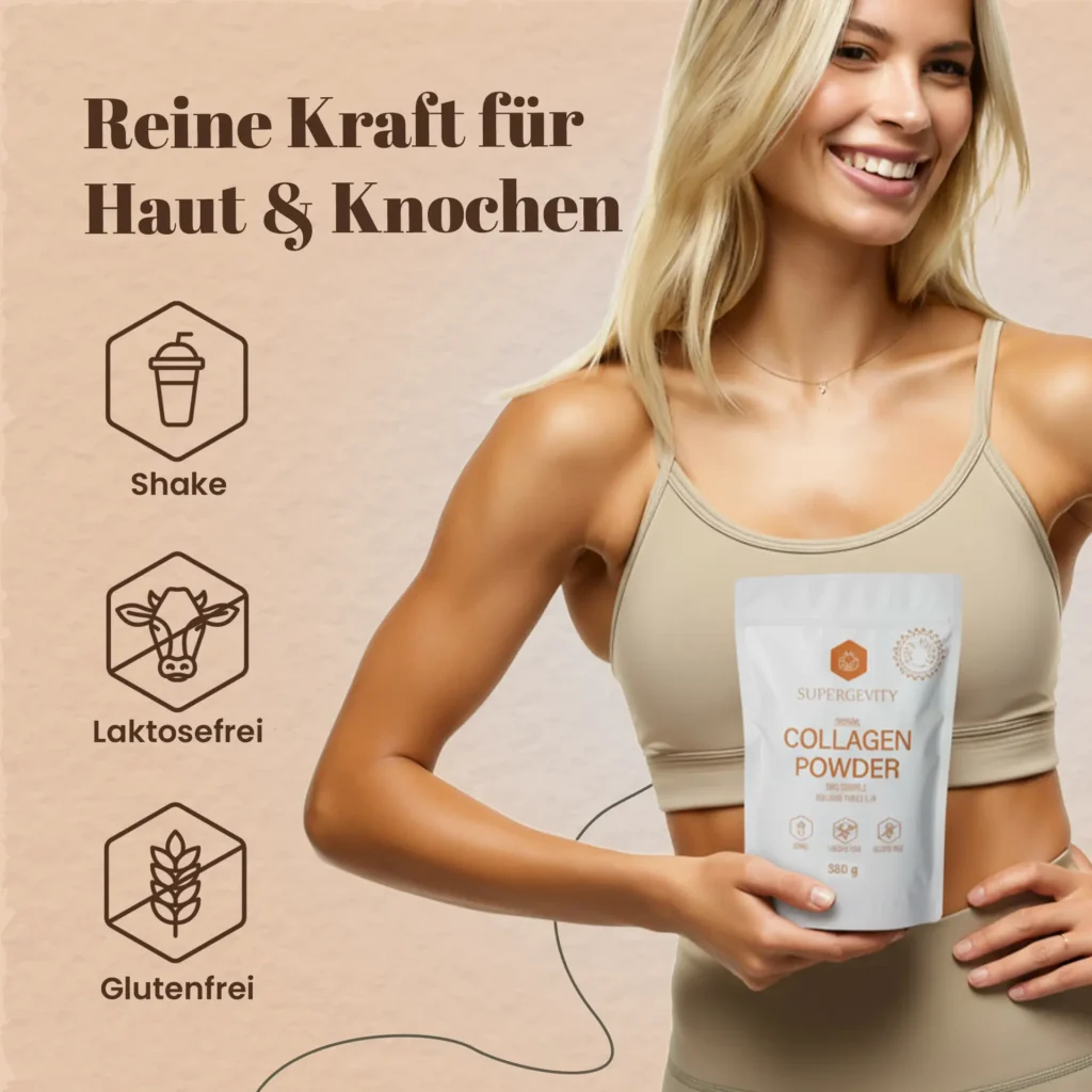 Lächelnde Frau in Sportkleidung, die einen Beutel Kollagenpulver hält, mit dem Text Reine Kraft für Haut und Knochen.