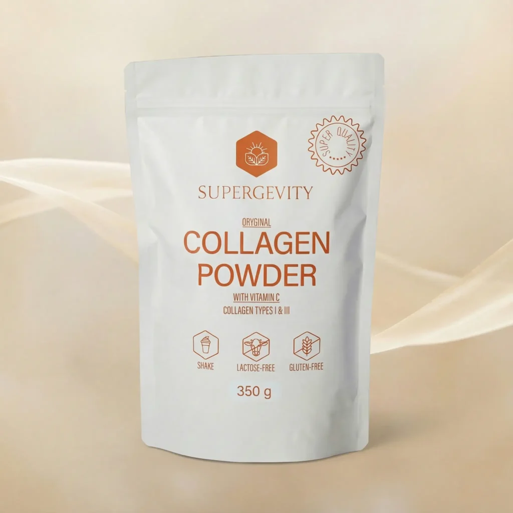 Weiße Produktverpackung von Premium Kollagenpulver auf einem eleganten, beigen Hintergrund.