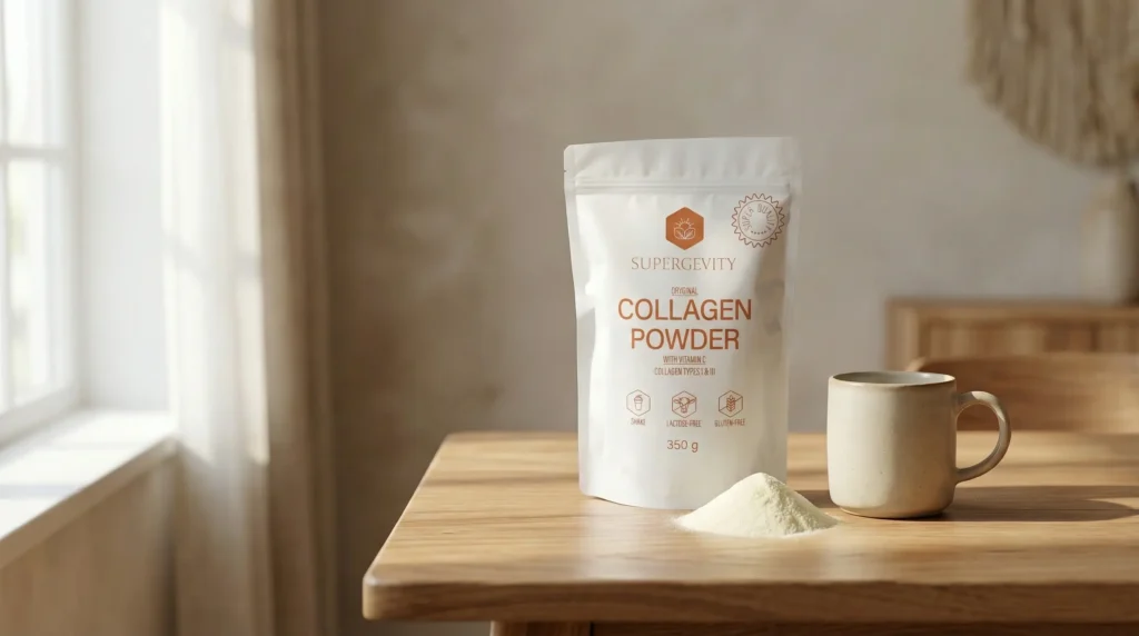 Beutel mit Kollagenpulver steht auf einem Holztisch neben einer Kaffeetasse in gemütlicher Atmosphäre.