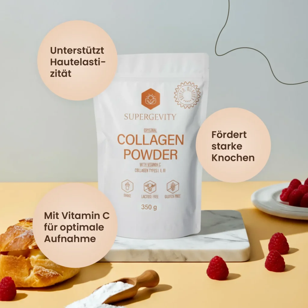 Beutel mit Kollagenpulver auf einem Tisch, dekoriert mit frischen Himbeeren, neben Hinweisen auf Vitamin C.
