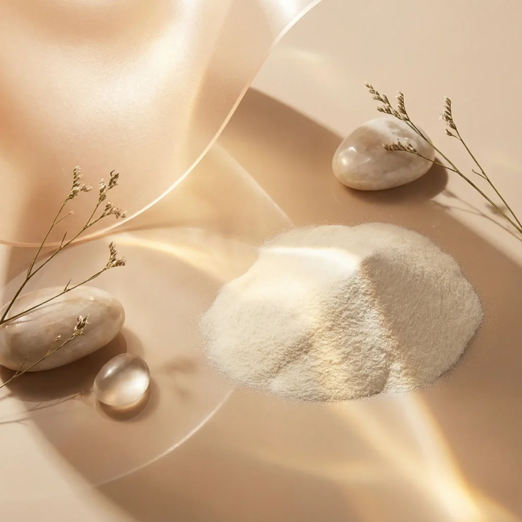 Künstlerische Darstellung von feinem Kollagenpulver mit Wassertropfen und glatten Steinen, die Reinheit symbolisieren.