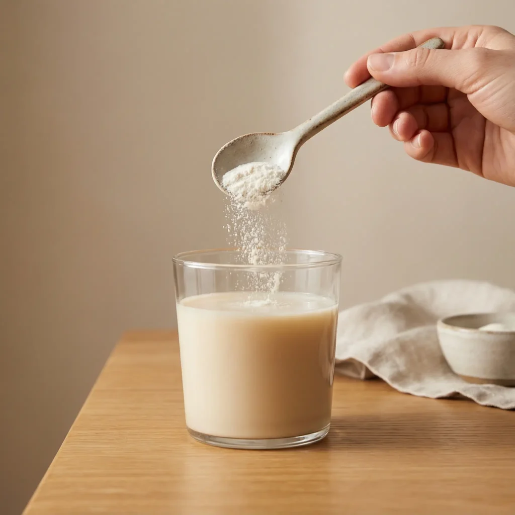Ein Löffel gibt Kollagenpulver in ein Glas mit einem cremigen Shake oder Milchgetränk.