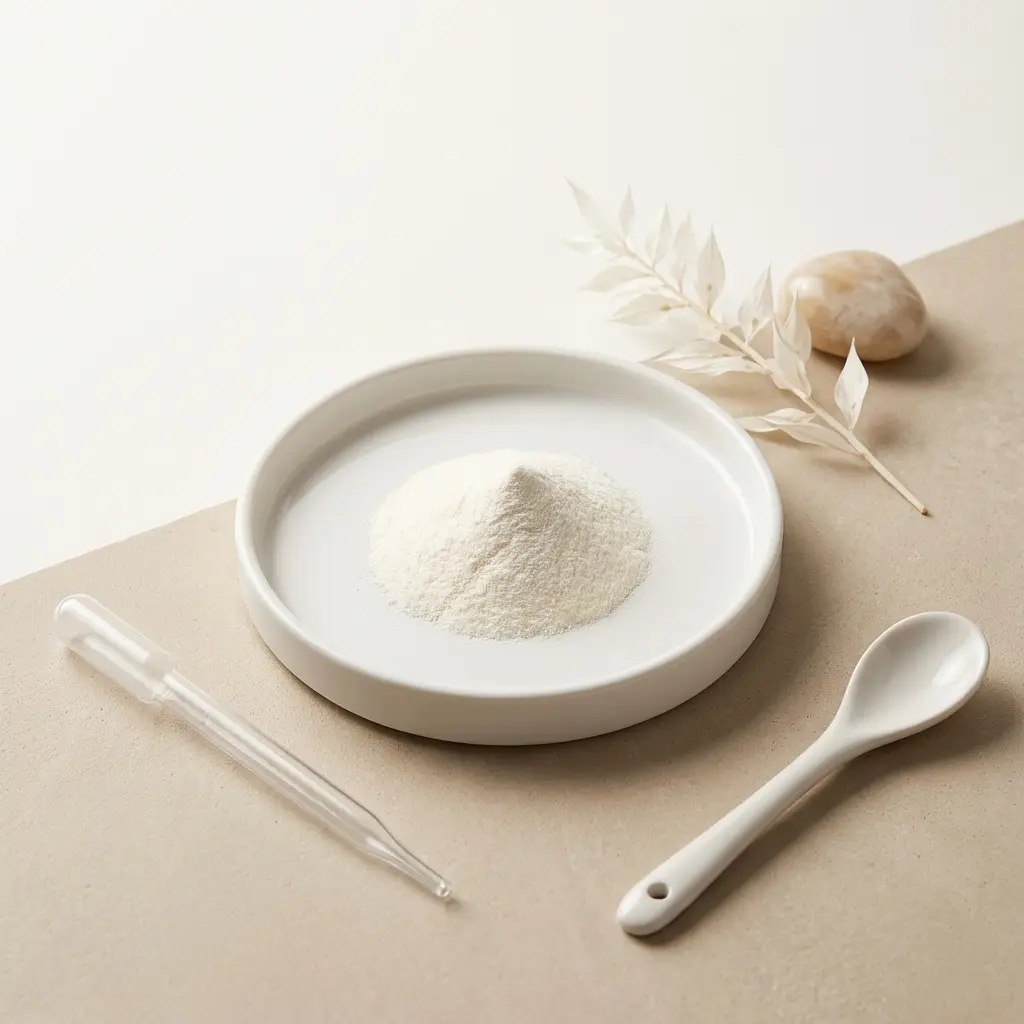 Kollagenpulver in einer kleinen weißen Schale mit einer Pipette und einem Löffel, fokussiert auf Hautpflege und Kosmetik.