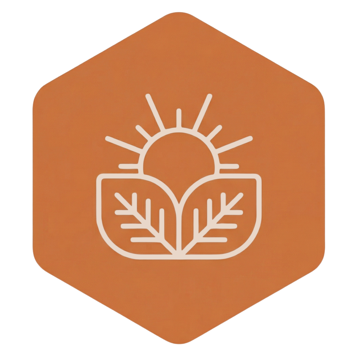 Orangefarbenes Logo in Sechseckform mit einer Sonne und Blättern, das für natürliche Inhaltsstoffe steht.